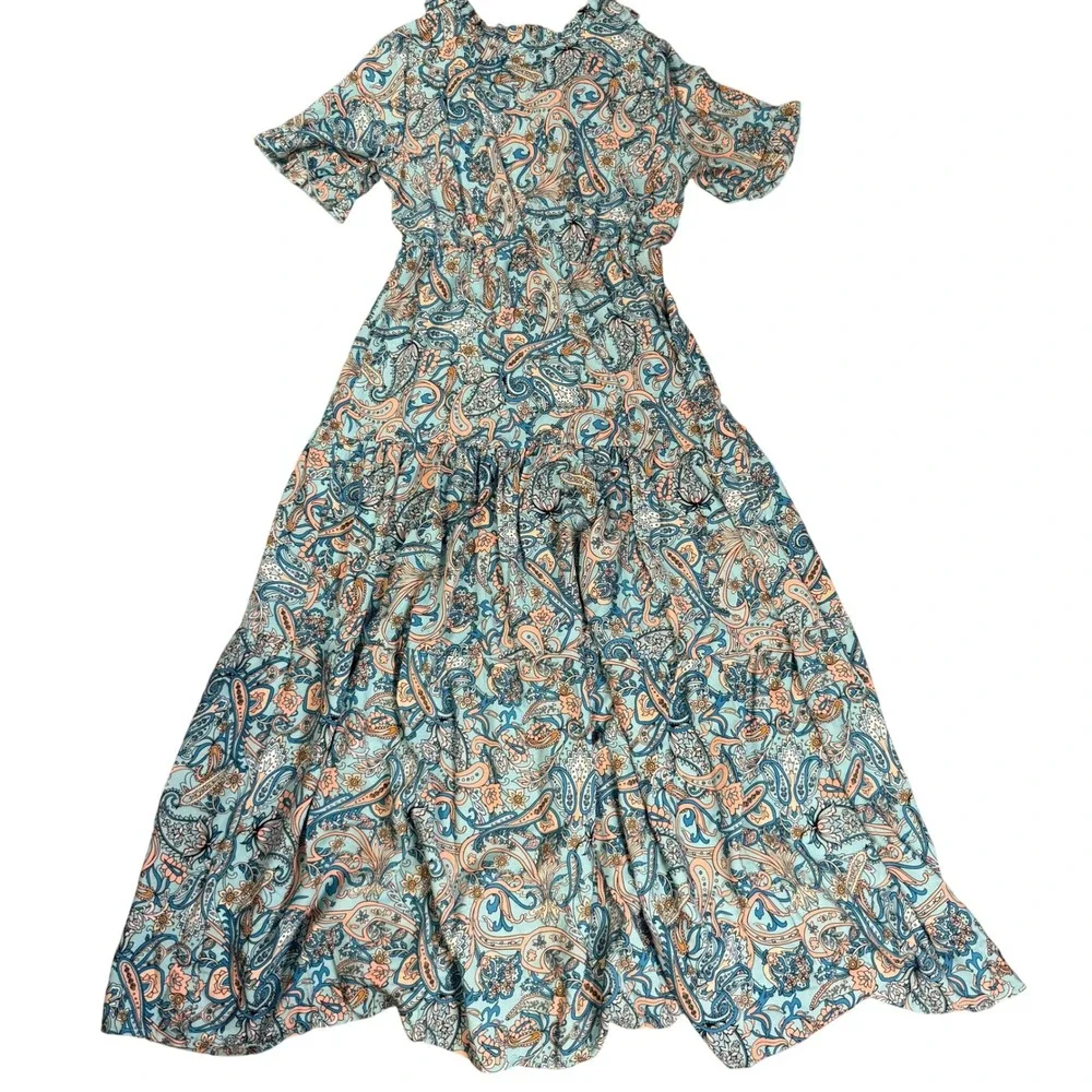 Paisley Tiered Peasant Maxi Dress Turquoise‎ Peach Ruffle V-Neck Whimsigoth Boho